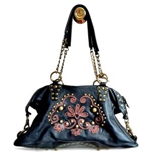 Kate Landry Boho Shoulder Bag Dk Brown Leather Floral Pattern Dbl Chain Straps